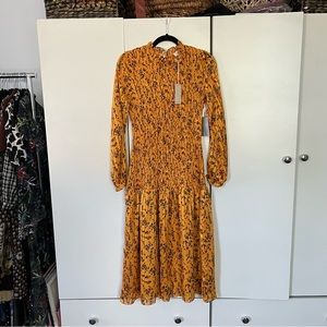 MELLODAY Black & Orange Yellow Floral Print Ruched Chiffon Midi Dress Modest S